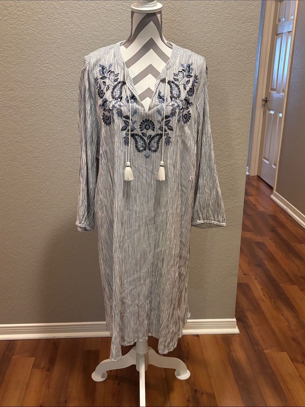 J. Jill Blue and White Striped Embroidered V-Neck Midi Dress